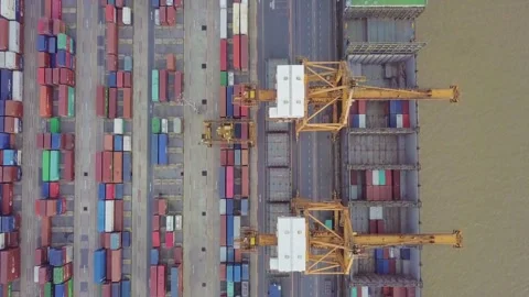 Aerial view cargo ship or oil tanker docking in sea port warehouse container Stock Footage 336445957