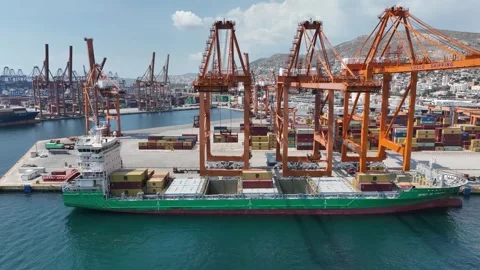 Aerial view of cargo ship at Piraeus port, Greece, 5 March 2023 Video stock 262377355