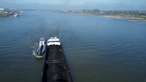 Aerial view cargo ship in the river Rhine. Netherlands. Realtime 4K 库存影片 221194018