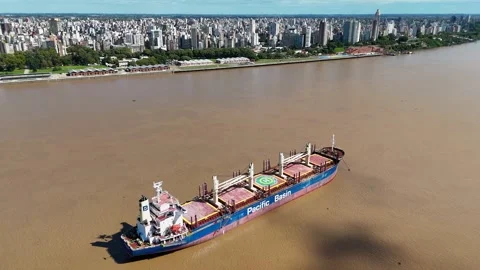 Aerial view of cargo ship sailing on parana river in rosario Stock-Footage 333926715
