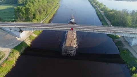 Aerial view. The cargo ship sails on the Moscow Channel on a summer day. Stock Footage 93699041