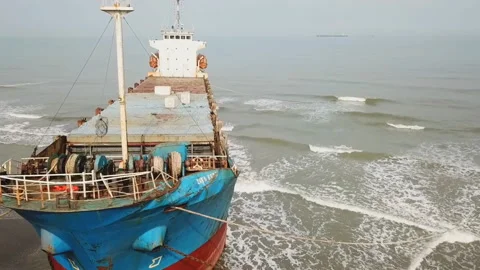 Aerial view of a cargo ship stranded off the coast of the city of Al-Jubail. Video stock 149331186