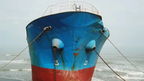 Aerial view of a cargo ship stranded off the coast of the city of Al-Jubail. Video stock 149331569