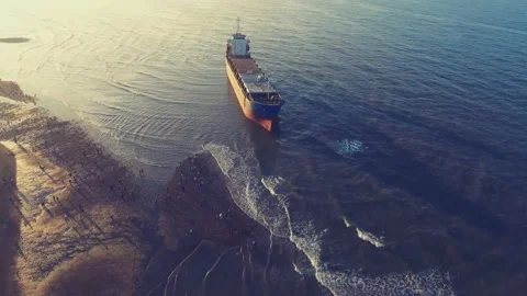 Aerial view of a cargo ship stranded off the coast of the city of Al-Jubail. Video stock 149331850