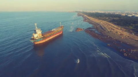 Aerial view of a cargo ship stranded off the coast of the city of Al-Jubail. Stock-Footage 149332574