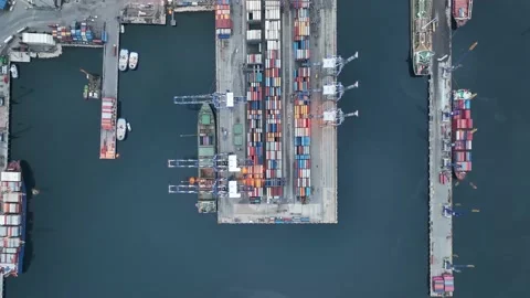 Aerial view cargo ship terminal Stock Footage 180158607