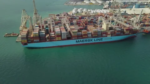Aerial view of a cargo ship in upload, Port of Koper, Slovenia Stock Footage 165997749
