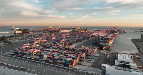 Aerial view of cargo shipping containers loaded and unloaded with cranes Stock Footage 171833600