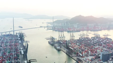 Aerial view of Cargo Terminal, Shipyard and Logistic center in Kwai Tsing Dis Stock-Footage 129861742