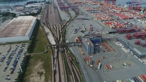 Aerial view cargo train and container terminal in Port of Hamburg Germany 스톡 동영상 85854302