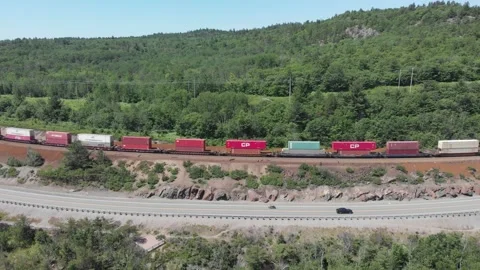 Aerial view of Cargo train in Canada Stock Footage 142901084
