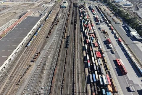 Aerial view cargo train yard logistics hub Stock Photos