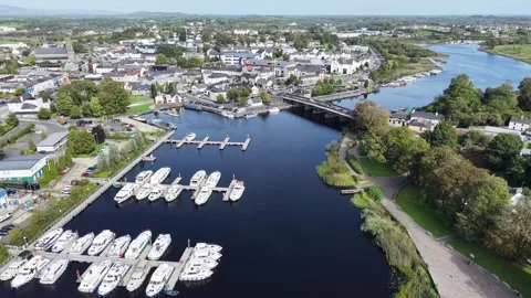 Aerial view of Carrick on Shannon, featuring the marina, boats, Ireland. Stock Footage 346006102