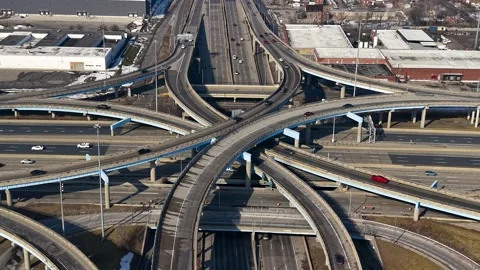 Aerial view of cars driving on a complex highway interchange in Detroit, Mi.. Stock Footage 339263121