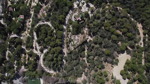 Aerial view of Casa Trias surrounded by trees, Park Guell, Barcelona, Parc del Stock Footage 242204512