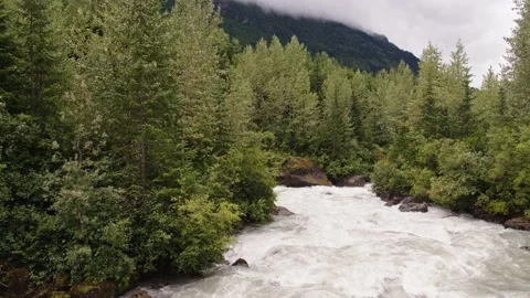 Aerial view of a cascading glacial stream near Stewart, British Columbia. Video stock 153044816