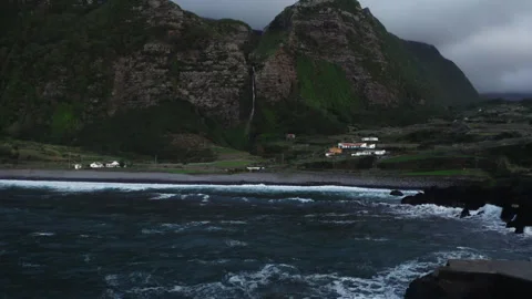 Aerial view of Cascata do Poco do Bacalhau, Faja Grande, Azores Islands, Stock Footage 270307381