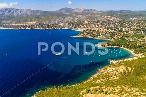 Aerial view on cassis and calanque coast, southern france Stock Photos