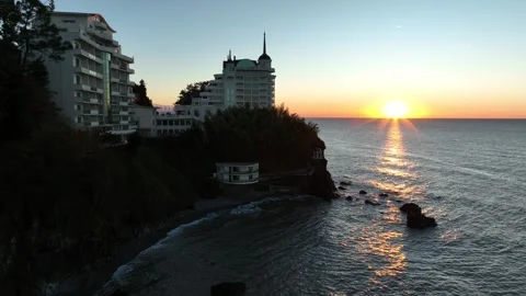 Aerial view of Castello Mare Hotel at sunset Stock Footage 294755962