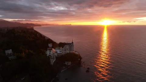 Aerial view of Castello Mare Hotel at sunset Video stock 297958517