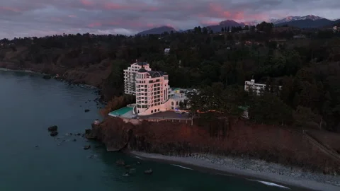 Aerial view of Castello Mare Hotel at sunset Video stock 297961481