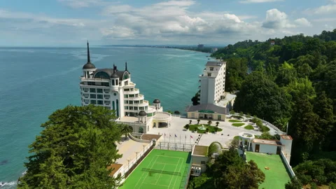 Aerial view of Castello Mare hotel in Tsikhisdziri, Georgia Video stock 320451059