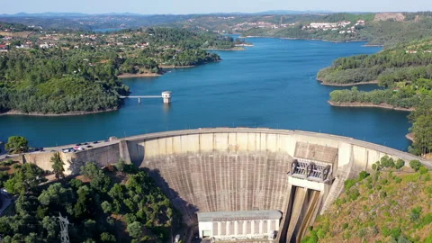 Aerial view of Castelo de Bode Dam in Tomar, Portugal Stock Footage 139971463