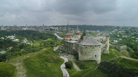Aerial view of castle with heavy clouds. Stock Footage 90223511