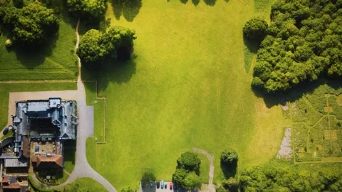 Aerial view of the castle surrounded by meadows and forests Vídeo Stock 145649796