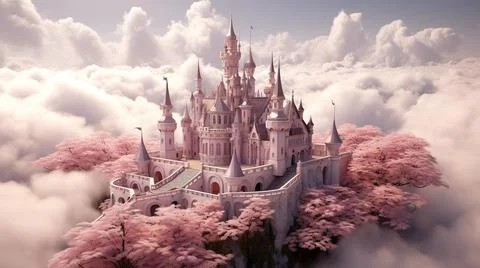 An aerial view of a castle on top of clouds in a pink and grey environment Stock Illustration