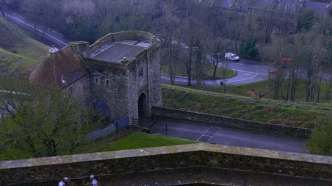 Aerial view from the castle of the tower and tunnel in Dover, England Stock Footage 308350367