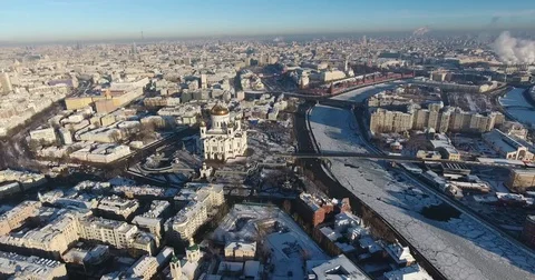 Aerial view of the Cathedral of Christ the Savior on a frosty day, against the Stock Footage 78040818
