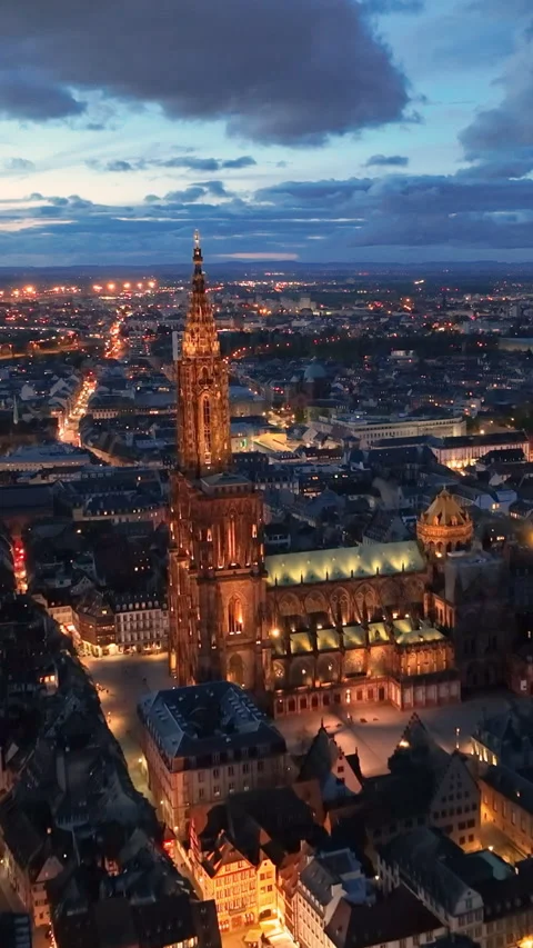 Aerial view of a Cathedral of Notre Dame, buildings architecture with night sky Stock Footage 277464267