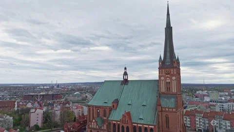 Aerial view on the cathedral of saint James the Apostle in Szczecin, Poland. 4K Stock Footage 286096327