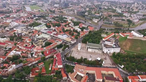 Aerial view of Cathedral Square, and old town of  Vilnius, Lithuania Stock Footage 221483315