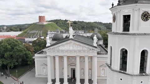 Aerial view of Cathedral Square, and old town of  Vilnius, Lithuania Stock Footage 221484499