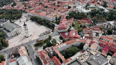 Aerial view of Cathedral Square, and old town of  Vilnius, Lithuania Stock Footage 221484634