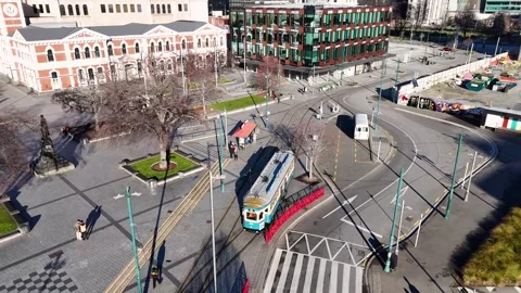 Aerial view of Cathedral Square tram, Christchurch, New Zealand. Stock Footage 313667327