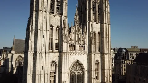 Aerial view. Cathedral of St. Michael and St. Gudula in Brussels, Belgium Stock Footage 92117839
