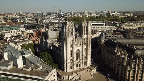 Aerial view. Cathedral of St. Michael and St. Gudula in Brussels, Belgium Stock Footage 92117947