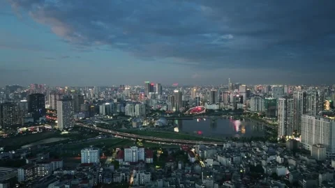 Aerial View of Cau Giay District and Ring Road 3 in Hanoi at Twilight Stock Footage 342027394