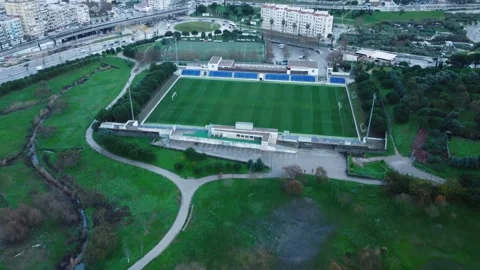 Aerial View of CD Cova da Piedade Football Stadium in Almada, Portugal Stock Footage 145937917