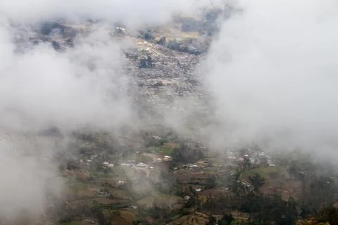 Aerial view of Celendin through the clouds, Peru Stock Photos
