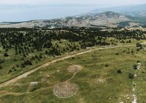 Aerial view of celestial Labyrinths stone mazes in mountains above Novi Vinodols Stock Photos