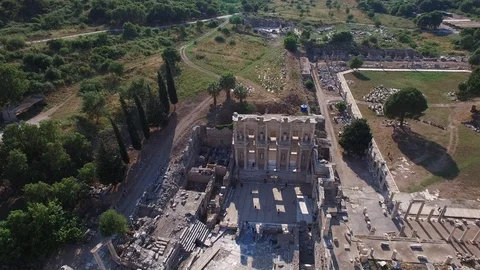 Aerial view of Celsus Library and main streets of Ephesus. Turkey. DJI-0300-09 Video stock 102498482