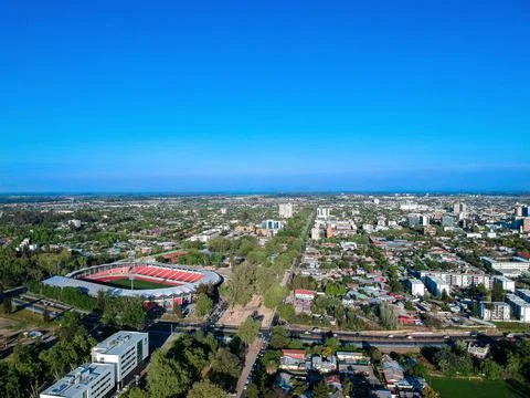Aerial view of the center of city Talca, Chile with the stadium Fiscal Stock Photos
