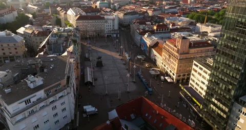 Aerial View Of The Central Main Square Of Zagreb At Sunrise In Croatia. Video stock 278233811