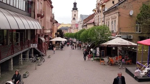 Aerial view the central old part of the city of Uzhgorod Stock Footage 90983040