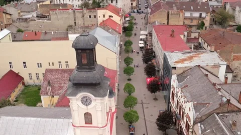 Aerial view the central old part of the city of Uzhgorod Stock Footage 90983872