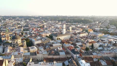 Aerial view of the central part of the old town European city Lviv, Ukraine Stock Footage 163671938